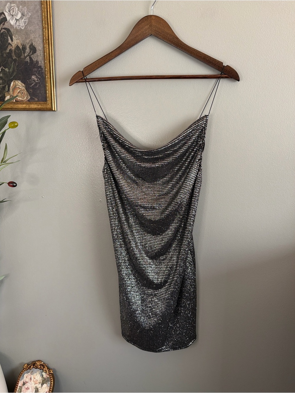 Topshop Silver Metallic Shimmer Cowl Neck Mini Slip Dress US 2 Y2K Party Club - Picture 2 of 9
